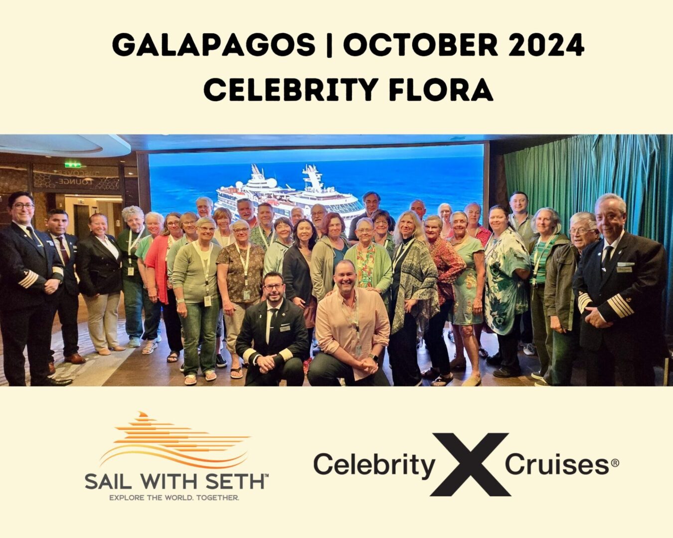 Galapagos cruise group photo, Celebrity Flora.